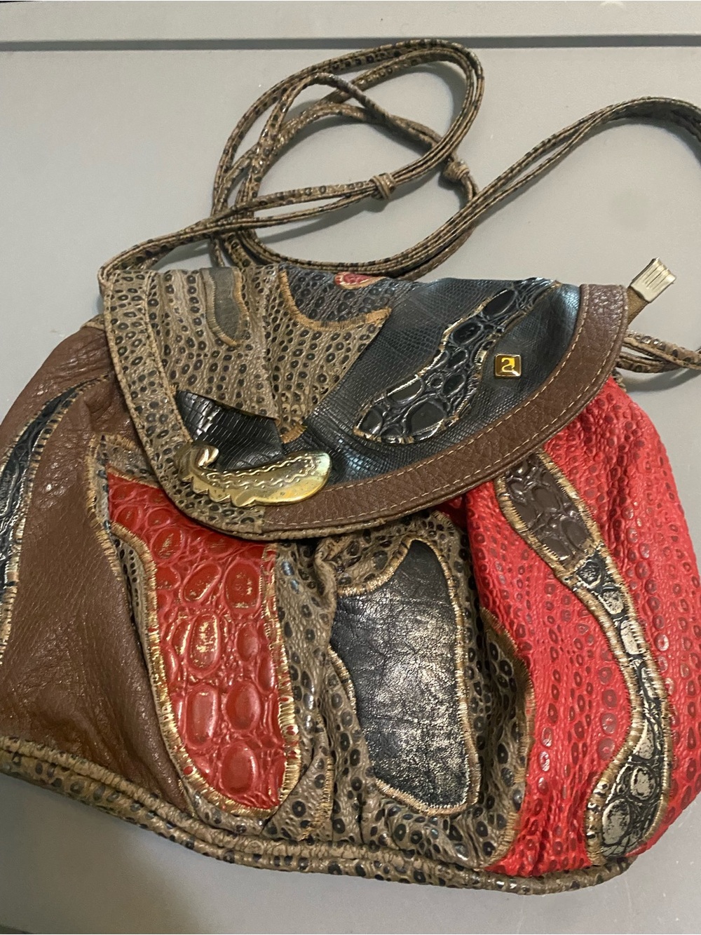 Women’s Patchwork Leather Crossbody Bag - Red & Brown
